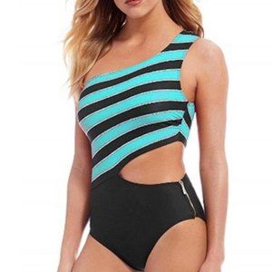 Michael Kors Striped One-Shoulder Cutout One Piece